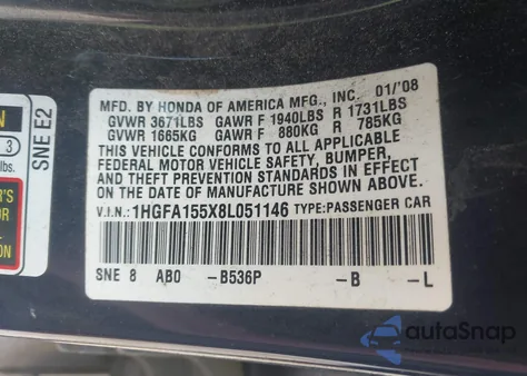 2008 Honda Civic Lx z USA, uszkodzony, nr VIN 1HGFA155X8L051146